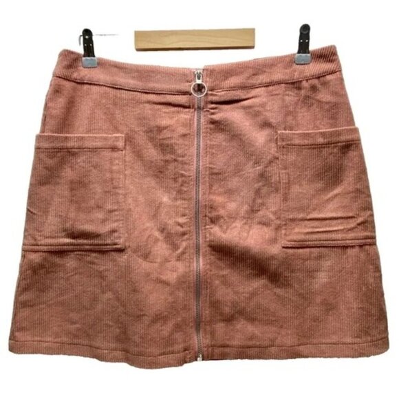 ee:some Women's Mini Skirt Large Burnt Orange Corduroy Pockets Full Front Zipper - Picture 1 of 15